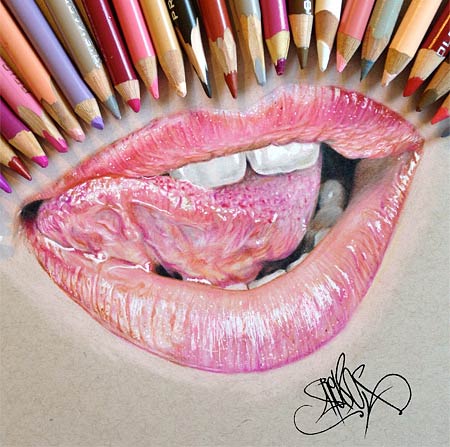 نقاشی های دیدنی و طبیعی از چشم و لب با مداد رنگ 