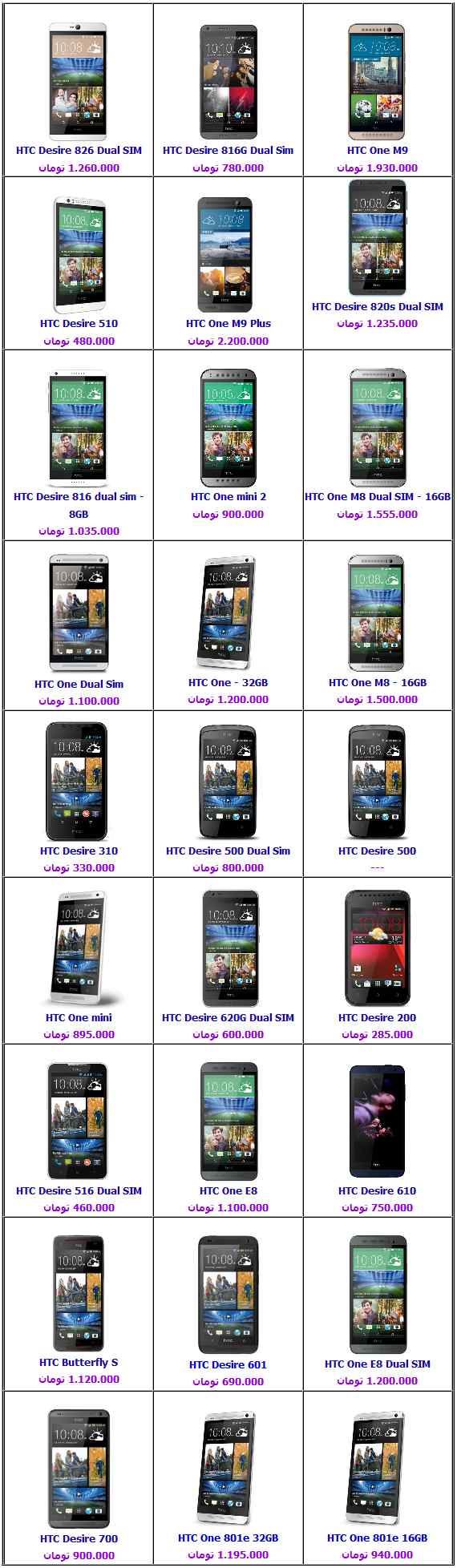آخرین قیمت های گوشی htc در بازار