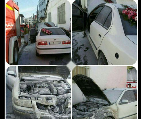 ماشین عروس داماد شمالی آتش گرفت ؟! عکس