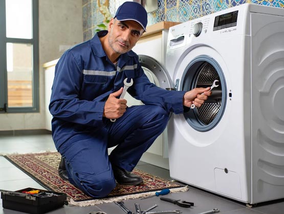 تصویر یک تکنسین مجرب در حال تعمیر لباسشویی در نمایندگی تعمرات بوش ر رشت