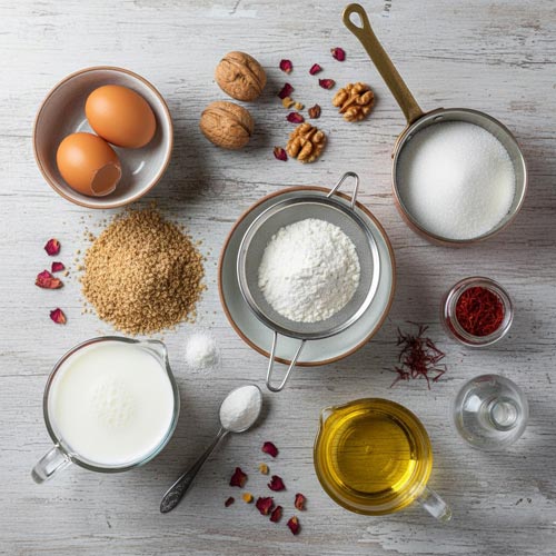 دسر آرام‌بخش خاگینه گردو با شربت گلاب و زعفران